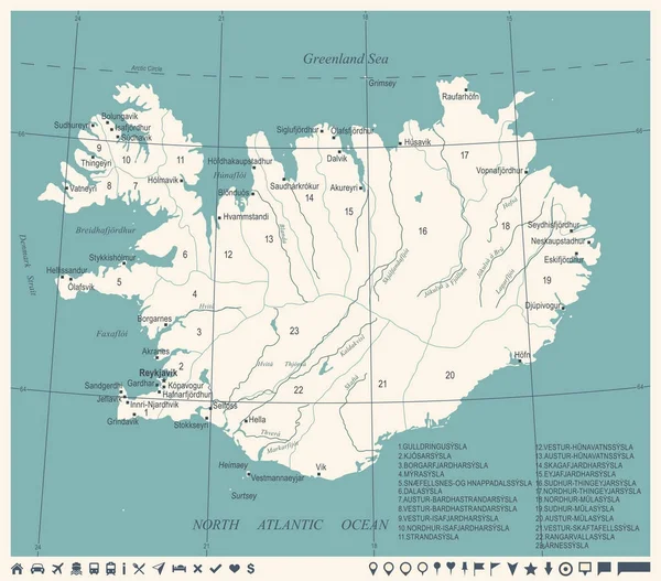 Mapa de Islandia - Vintage ilustración vectorial detallada — Archivo Imágenes Vectoriales