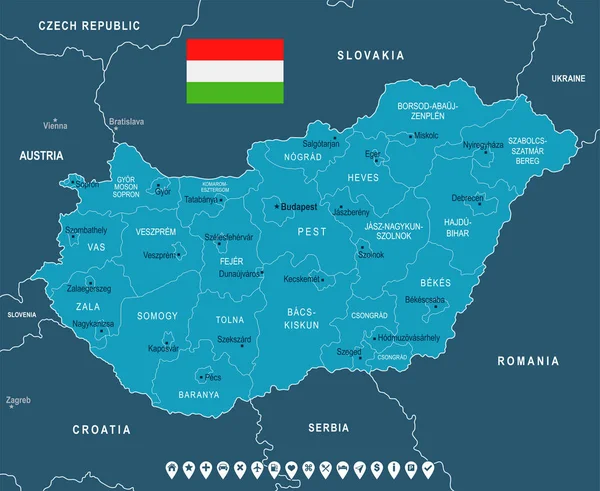 Hungría - Mapa y bandera - Ilustración vectorial detallada — Archivo Imágenes Vectoriales