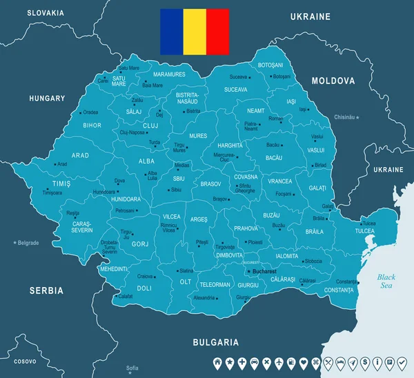 Romania - mappa e bandiera - Illustrazione vettoriale dettagliata — Vettoriale Stock