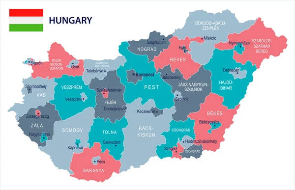 Ungheria - mappa e bandiera - Illustrazione vettoriale dettagliata — Vettoriale Stock