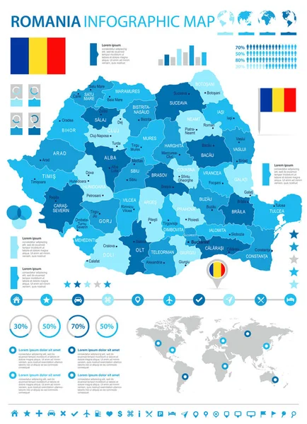 Rumunia - Mapa Infografika i flagi - szczegółowe wektor pozdrowienie — Wektor stockowy