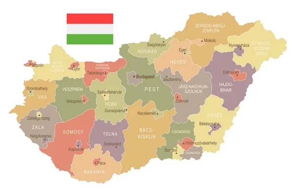 Ungarn - alte Karte und Fahne - detaillierte Vektorillustration — Stockvektor