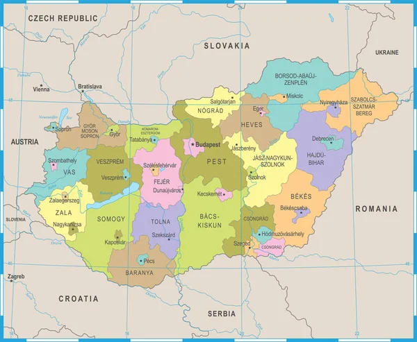 Węgry-Mapa - szczegółowe wektor ilustracja — Wektor stockowy