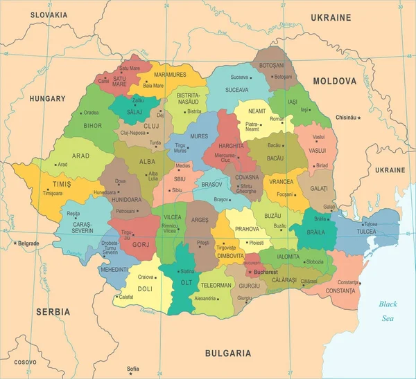 Roménia Mapa - ilustração vetorial detalhada — Vetor de Stock