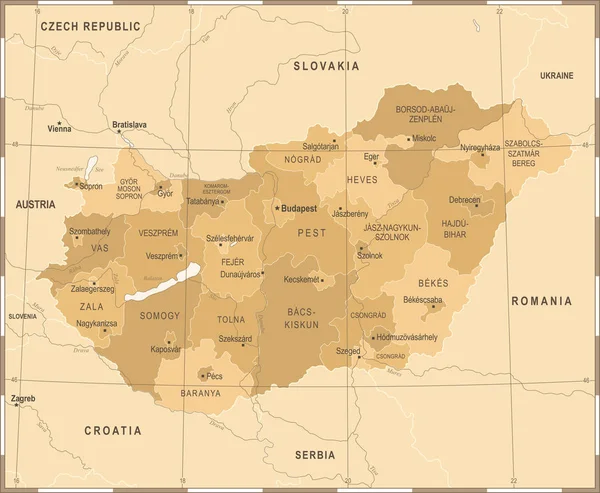 Mapa Maďarsko - Vintage detailní vektorové ilustrace — Stockový vektor