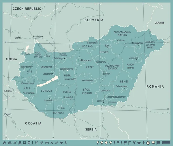 Mapa de Hungría - Vintage ilustración vectorial detallada — Vector de stock