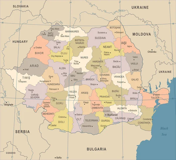 Mapa de Rumania - Vintage ilustración vectorial detallada — Vector de stock