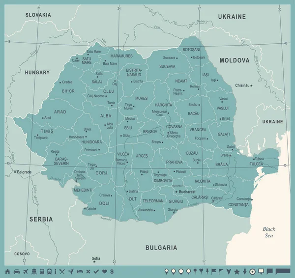 Romania Mappa - Illustrazione vettoriale dettagliata vintage — Vettoriale Stock