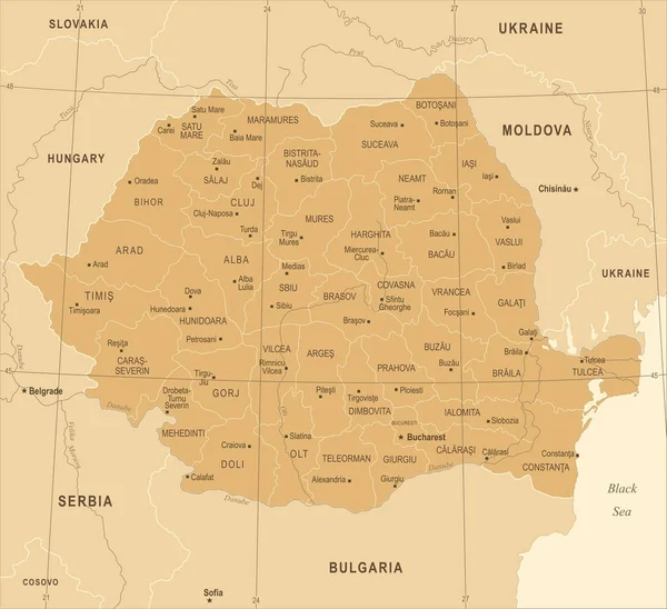 Mapa de Rumania - Vintage ilustración vectorial detallada — Vector de stock