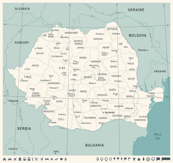 Rumunia-Mapa - rocznika szczegółowe wektor ilustracja — Wektor stockowy