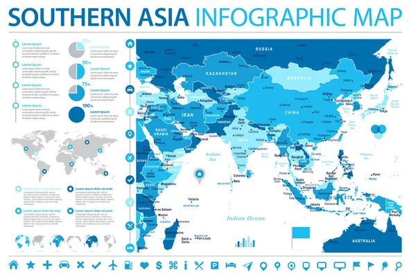 Νότια Ασία Χάρτης - Info γραφικών Vector εικονογράφηση — Διανυσματικό Αρχείο