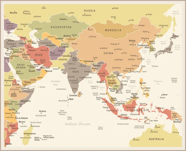 Mapa południowej Azji - Vintage wektor ilustracja — Wektor stockowy