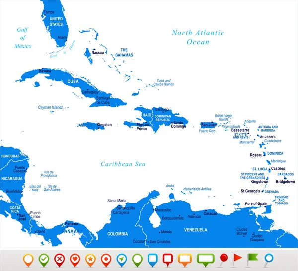 O mapa caribenho - Ilustração vetorial —  Vetores de Stock