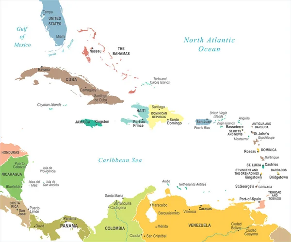 El mapa del Caribe - Ilustración vectorial — Vector de stock