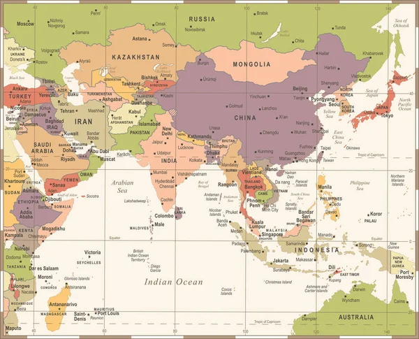 แผนที่เอเชียใต้ ภาพเวกเตอร์วินเทจ — ภาพเวกเตอร์สต็อก