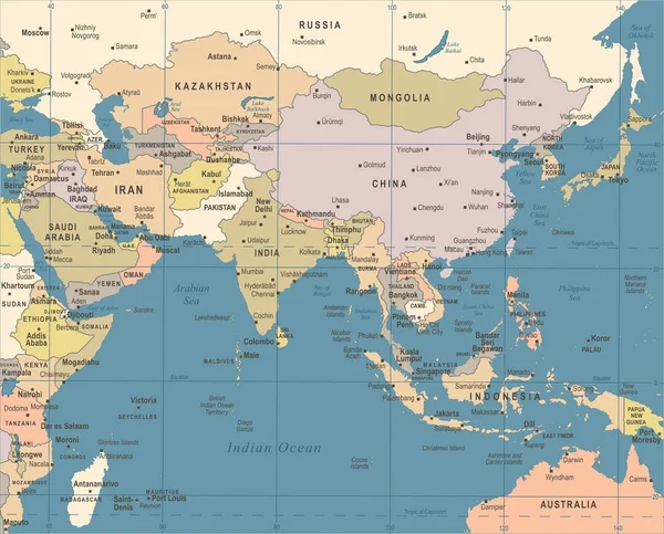 แผนที่เอเชียใต้ ภาพเวกเตอร์วินเทจ — ภาพเวกเตอร์สต็อก