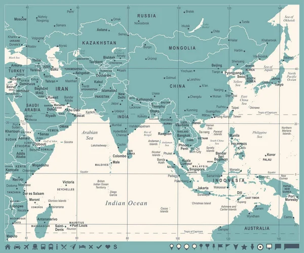 Güney Asya harita - Vintage vektör çizim