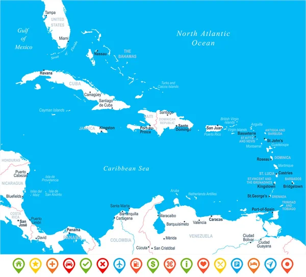 O mapa caribenho - Ilustração vetorial —  Vetores de Stock