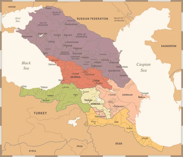 Карта Кавказского региона - Винтажная векторная иллюстрация — стоковый вектор