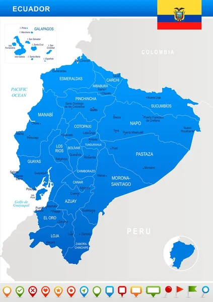 Ecuador - mapa, bandera y iconos de navegación - Ilustración vectorial detallada — Vector de stock