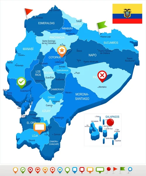 Ισημερινός - Χάρτης και σημαία - λεπτομερής εικονογράφηση φορέα — Διανυσματικό Αρχείο