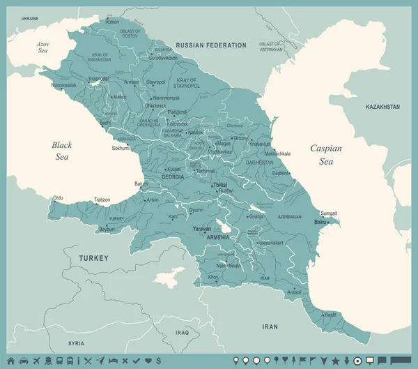 Χάρτης περιοχών Καυκάσου - εκλεκτής ποιότητας διανυσματικά εικονογράφηση — Διανυσματικό Αρχείο