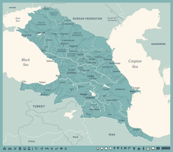 Caucasus Region kaart - Vintage vectorillustratie — Stockvector