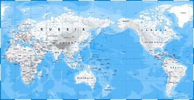 World Map Physical White - Asia in Center - China, Korea, Japan clipart