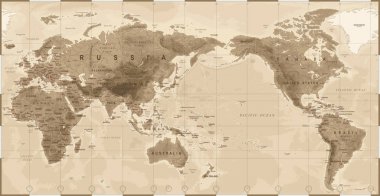 World Map Physical Vintage - Asia in Center - China, Korea, Japan clipart