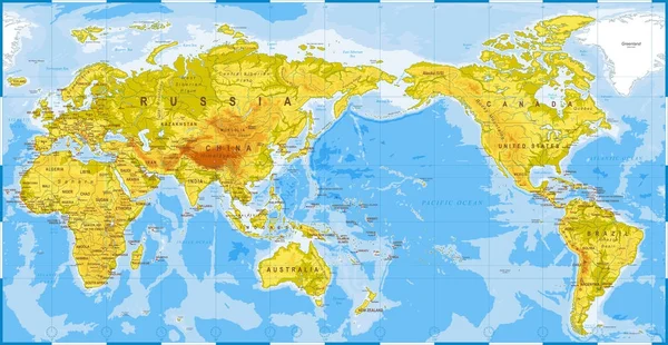 Världen karta fysisk - Asien i Center - Kina, Korea, Japan — Stock vektor