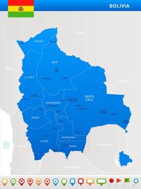 Bolivya - harita, bayrak ve gezinme simgeleri - detaylı vektör çizim