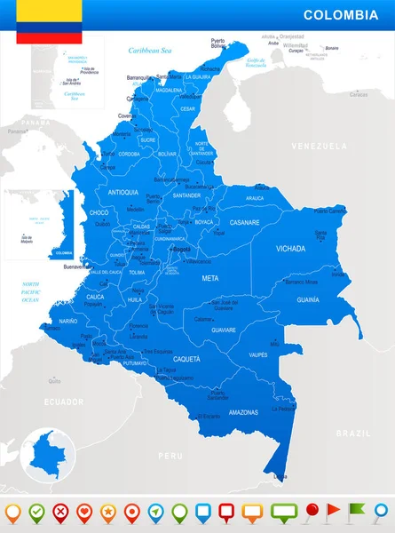 Kolumbia - ikony mapy, flagi i nawigacji - Szczegółowa ilustracja wektorowa — Wektor stockowy