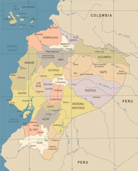 Mapa de Ecuador - Vintage ilustración vectorial detallada — Vector de stock