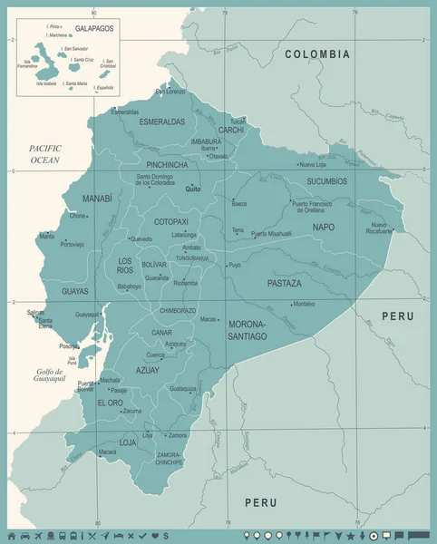 Equador Mapa - Ilustração vetorial detalhada vintage — Vetor de Stock