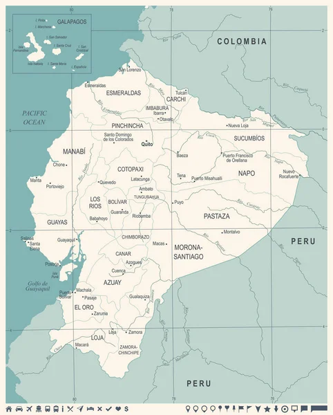 Equador Mapa - Ilustração vetorial detalhada vintage — Vetor de Stock