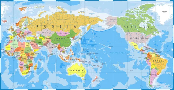 Color del mapa del mundo detallado - Asia en el centro — Vector de stock