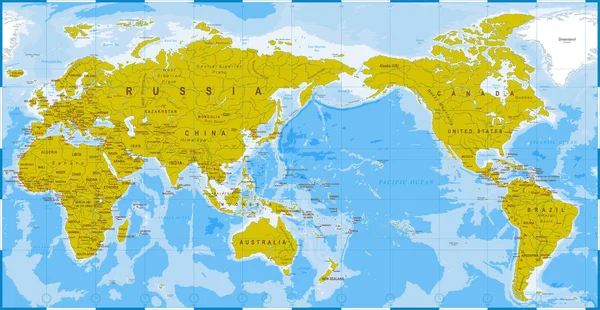 Mapa světa, modrá zelená detailní - Asie v centru — Stockový vektor