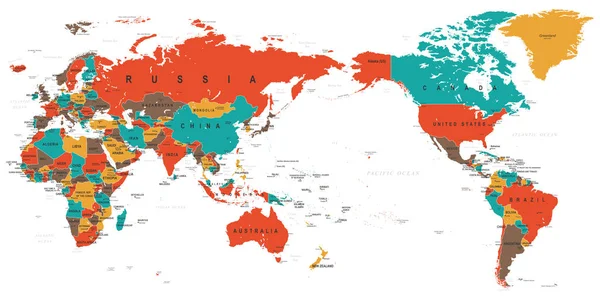 Color del mapa del mundo detallado - Asia en el centro — Vector de stock