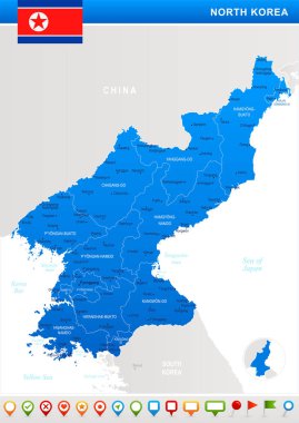 Kuzey Kore - harita, bayrak ve gezinme simgeleri - detaylı vektör çizim