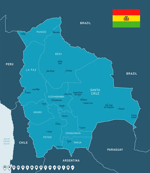 Boliwia - Mapa i flagi - Szczegółowa ilustracja wektorowa — Wektor stockowy