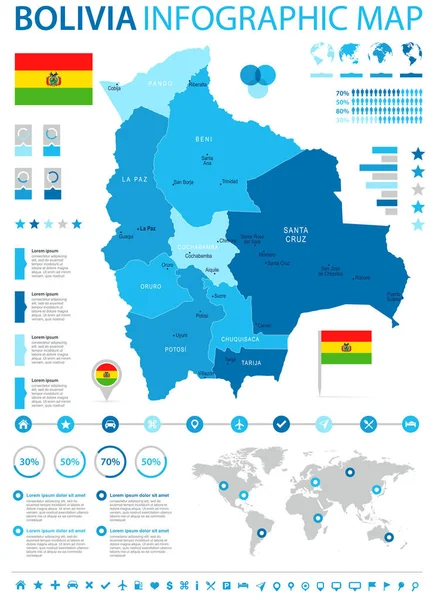 Bolivia - Mapa infográfico y bandera - Ilustración vectorial detallada — Archivo Imágenes Vectoriales