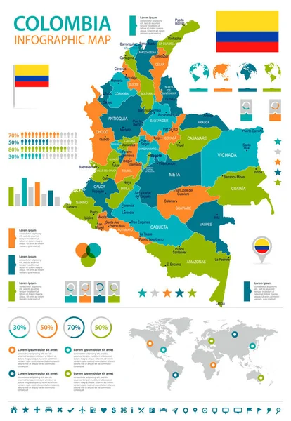 Kolumbia - Mapa Infografika i flagi - Szczegółowa ilustracja wektorowa — Wektor stockowy