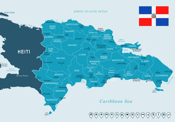Dominikana - mapy i flagi - Szczegółowa ilustracja wektorowa — Wektor stockowy