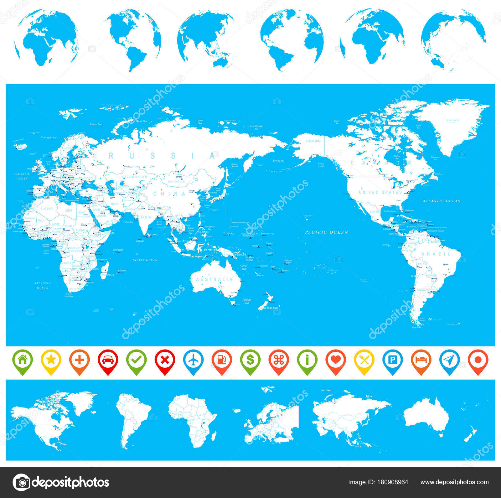 World Map Blue White And Globes Asia In Center Vector Image By C Dikobrazik Vector Stock
