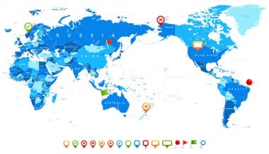 Dünya harita mavi ve simgeler - Merkezi Asya'da