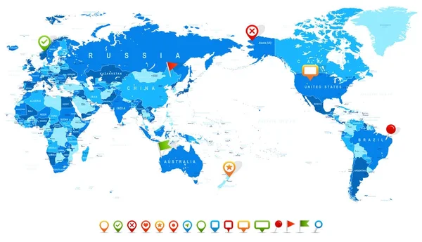 Mapa del mundo Azul e iconos - Asia en el centro — Vector de stock