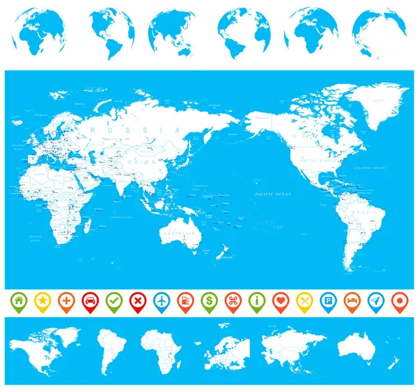 World Map Blue White and Globes Asia in Center (dalam bahasa Inggris). - Stok Vektor