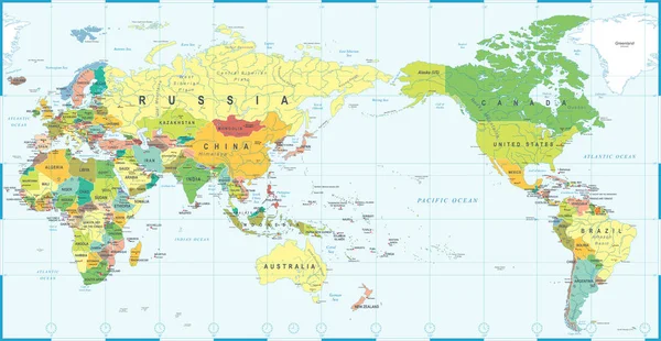 Världen karta färg - Asien i centrum — Stock vektor