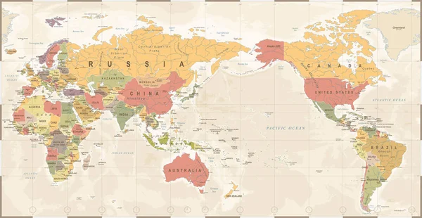 Παγκόσμιο χάρτη Vintage παλιά ρετρό - Ασία στο κέντρο — Διανυσματικό Αρχείο