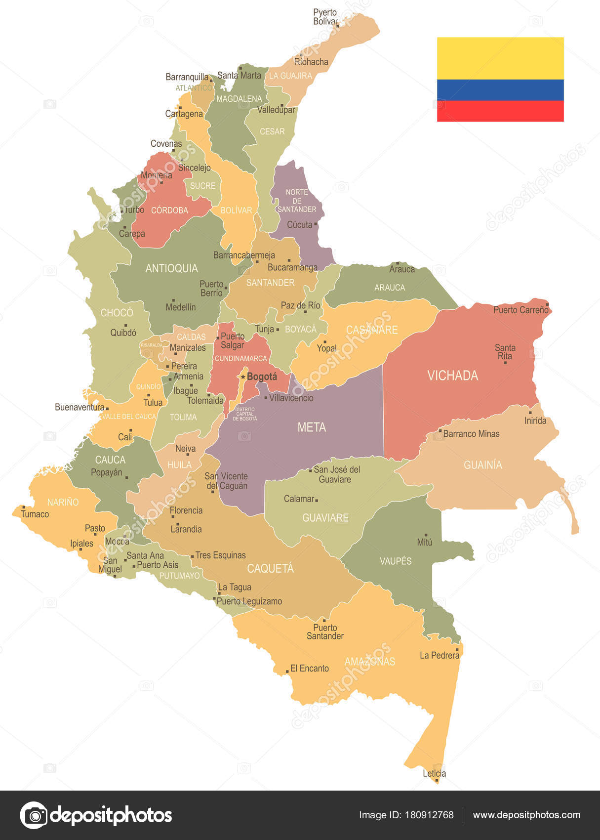 Colombia - vintage map and flag - Detailed Vector ...